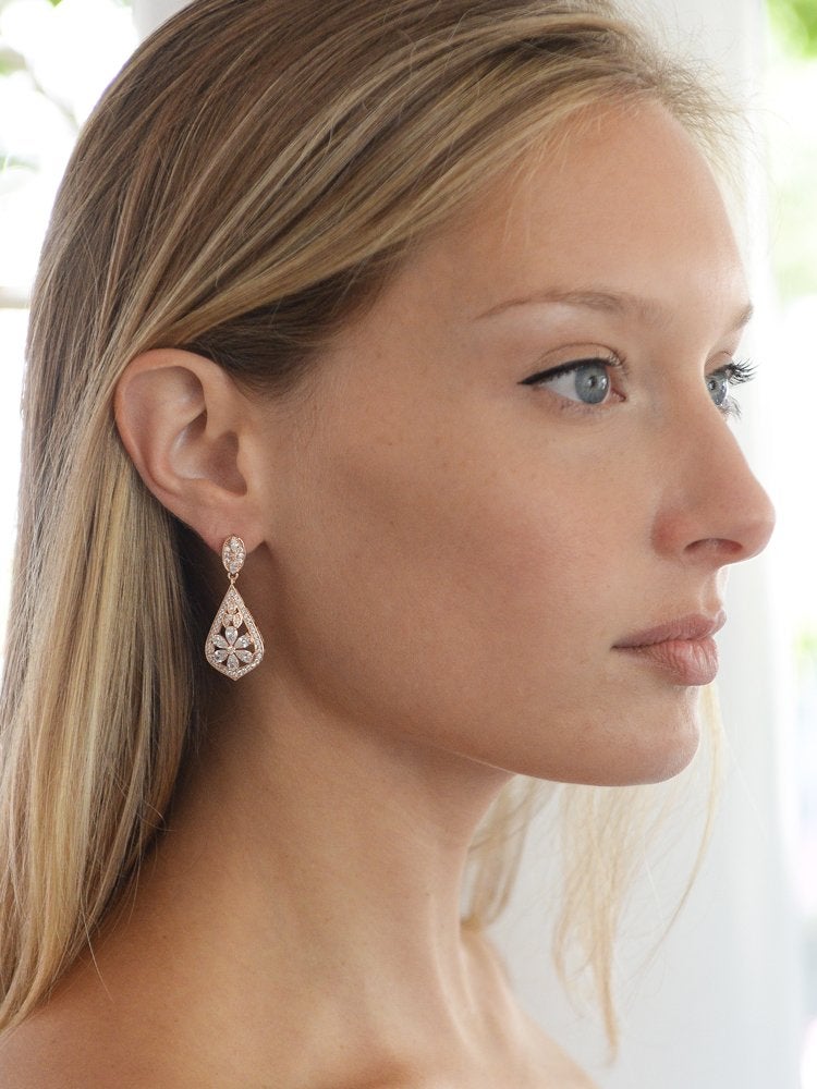 Mariell CZ Clip On Rose Gold Earrings - Art Deco Jewelry for Weddings, Bridal, Bridesmaids & Formals - Image 4